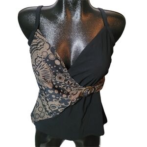 Stella Del Mare Black and Olive Green Patterned Swimsuit Top 16D